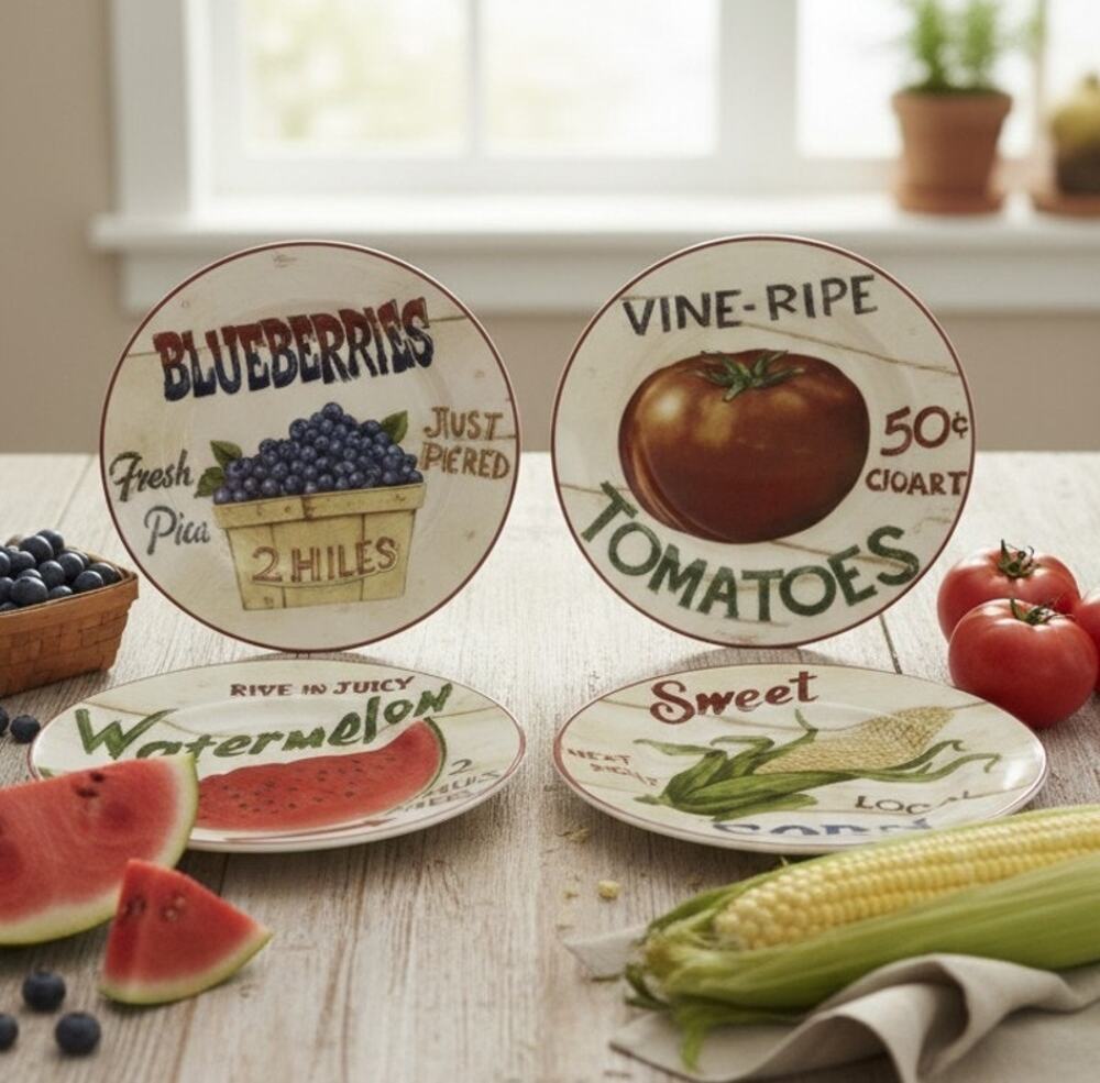 Home Trends Farm Fresh 8" Salad Dessert Plates Set of 4 Corn Tomato Watermelon